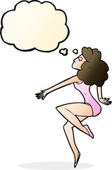 cartoon dancing woman with thought bubble