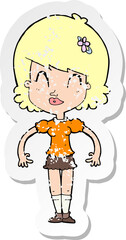 retro distressed sticker of a cartoon happy pretty woman
