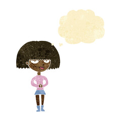 cartoon sly woman with thought bubble