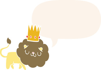 cartoon lion and crown and speech bubble in retro style