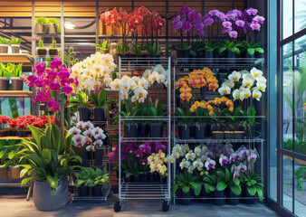 Colorful assortment of blooming orchids in a flower shop