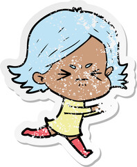 distressed sticker of a cartoon angry girl