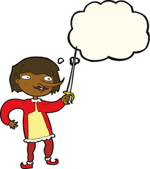 cartoon man with sword with thought bubble