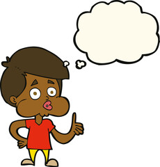 cartoon boy giving thumbs up with thought bubble