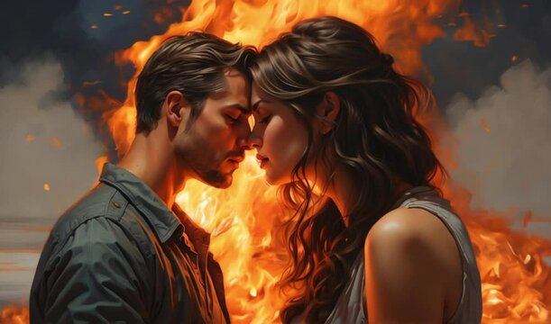 Man and woman facing each other, faces pressed together, with a raging fire behind them.