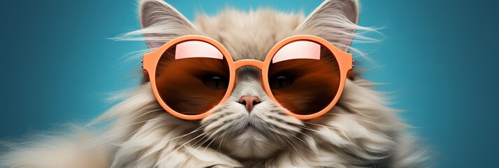 Cool cat in sunglasses with space for text. summer vacation concept on blue background