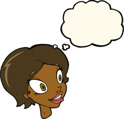 cartoon pretty female face with thought bubble