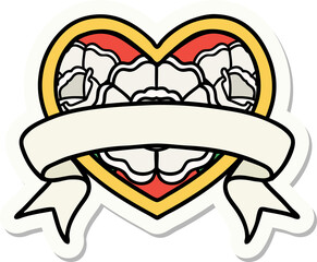 tattoo style sticker of a heart and banner with flowers