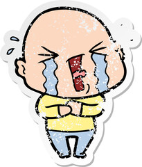 distressed sticker of a cartoon crying bald man
