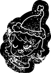 happy cartoon distressed icon of a elf girl sitting wearing santa hat