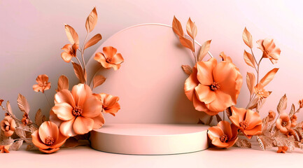 Orange flowers and leaves around a central white display podium against a soft pink background. Copy space