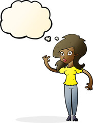 cartoon pretty woman waving with thought bubble