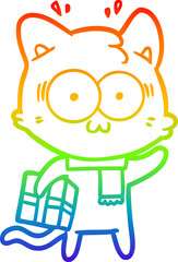 rainbow gradient line drawing cartoon surprised cat with christmas present