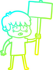 cold gradient line drawing cartoon exhausted boy with placard