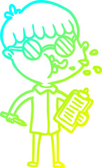 cold gradient line drawing cartoon boy wearing spectacles with clip board