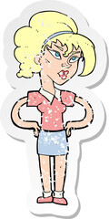 retro distressed sticker of a cartoon woman with hands on hips
