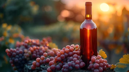 Fotobehang Vineyard harvest, red wine bottle among ripe grape clusters. Copy space © eleonora_os