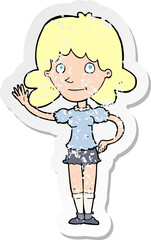 Obraz premium retro distressed sticker of a cartoon woman waving