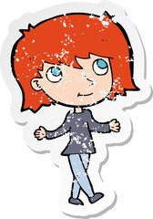 retro distressed sticker of a cartoon girl with no worries