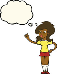 cartoon pretty woman waving for attention with thought bubble