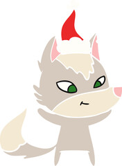 friendly flat color illustration of a wolf wearing santa hat
