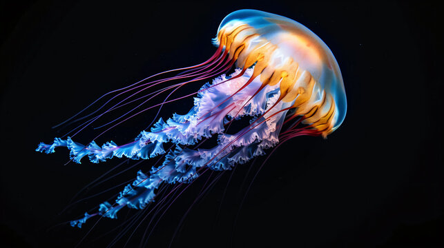 A mesmerizing photograph capturing the vibrant hues of a jellyfish suspended in water, set against a captivating black background. This striking image beautifully showcases the ethereal beau