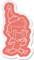 cartoon  sticker of a man crying wearing santa hat
