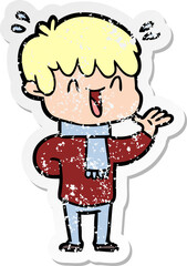 distressed sticker of a cartoon laughing boy