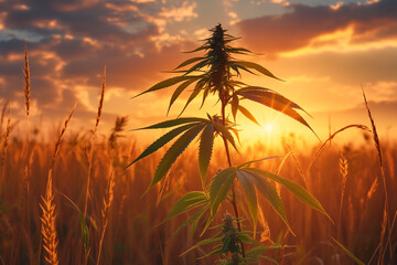 Marijuana Plant in Field at Sunset