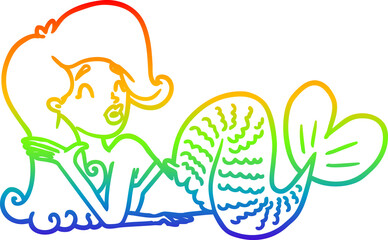 rainbow gradient line drawing cartoon mermaid