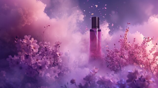 A floral paradise awaits as magenta blooms sway in the outdoor breeze, the purple sky a canvas for the smoke of an enchanting bottle of perfume, captured through an infrared lens