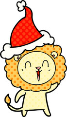 laughing lion comic book style illustration of a wearing santa hat