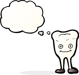 cartoon happy tooth with thought bubble