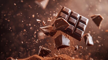 A snowy winter day captured in a screenshot, with a delectable chocolate bar filled with falling pieces of rich chocolate - obrazy, fototapety, plakaty