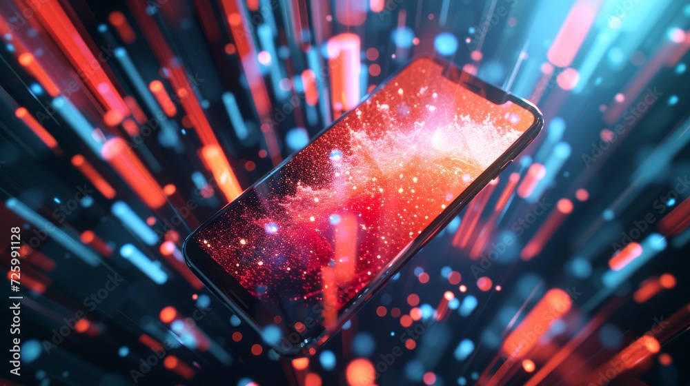 Poster vibrant hues of red and blue illuminate a phone's screen, capturing the effervescent essence of a so