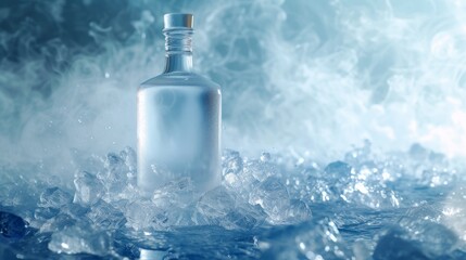 Obraz premium A crystal clear bottle of water sits on a bed of glistening ice, its fluid contents a refreshing reminder of life's simple pleasures, while a hint of vodka adds a touch of sophistication to the humbl