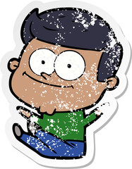 distressed sticker of a cartoon happy man