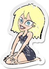 retro distressed sticker of a cartoon happy woman in dress