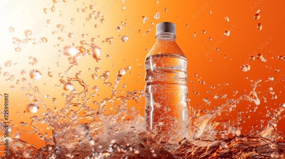 Poster a refreshing burst of citrus and hydration, as an orange soft drink bottle plunges into a pool of li