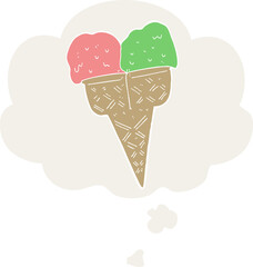 cartoon ice cream and thought bubble in retro style