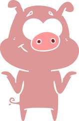 happy flat color style cartoon pig