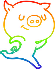 rainbow gradient line drawing happy cartoon pig running