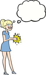 cartoon woman clapping hands with thought bubble