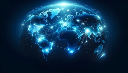 The image is a digital representation of the Earth with a network of connections spanning across continents, highlighted by glowing dots and lines against a dark blue background.

