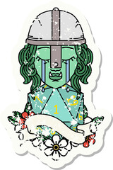 crying orc fighter character face with natural one d20 roll grunge sticker