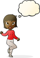 cartoon pretty woman waving with thought bubble