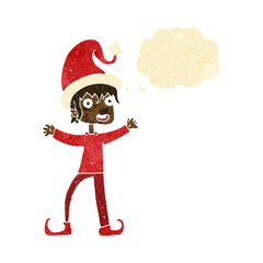 cartoon excited christmas elf with thought bubble