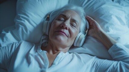 A serene portrait of a woman, enveloped in comfort and solitude as she lays in bed, her skin glowing in the warm indoor light, lost in the world of music through her headphones