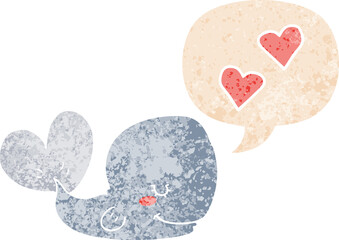cartoon whale in love and speech bubble in retro textured style