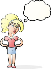 cartoon woman with hands on hips with thought bubble